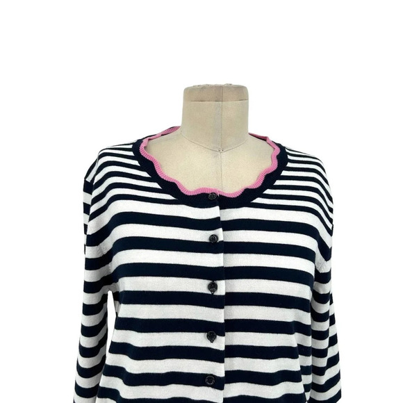 Allude Cardigan Sweater Striped‎ Cotton Scallop Trim Navy Blue White Size Medium - Picture 2 of 8